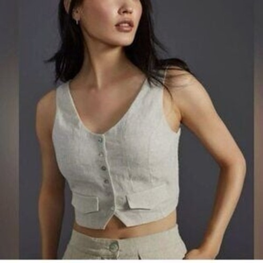 Sovere instance crop vest tan linen button detail sz US XS